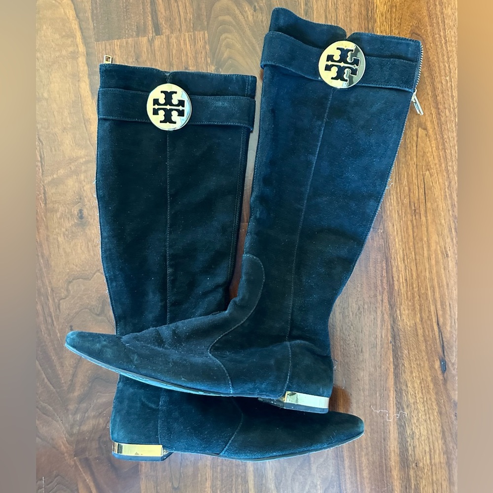 Tory Burch black suede boots with gold accents
